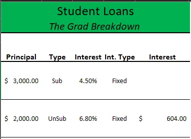 A spreadsheet headed “Student Loans — The Grad Breakdown”, with columns for principal, loan type, interest rate, interest type and interest accrued. Two rows are visible: $3,000 subsidized at 4.50% fixed, and $2,000 unsubsidized at 6.80% fixed with $604.00 of interest already accrued.